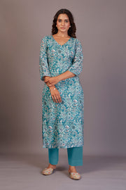 Pure Linen Cotton Digital Ptd Kurti Blue Green Flower